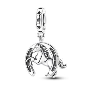 925 Sterling Silver Galloping Horse and Horseshoe Charm