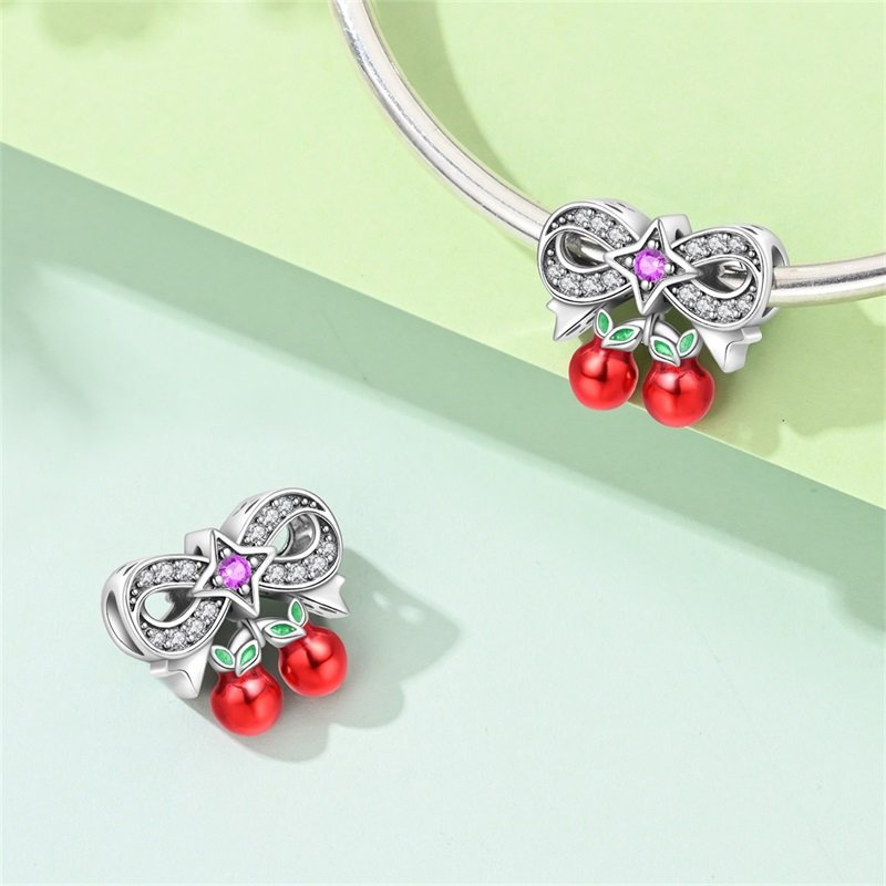 New 925 Sterling Silver Sweet Cherry Bow Charms Beaded - Image 3