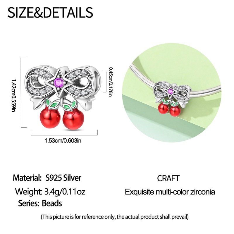 New 925 Sterling Silver Sweet Cherry Bow Charms Beaded - Image 2